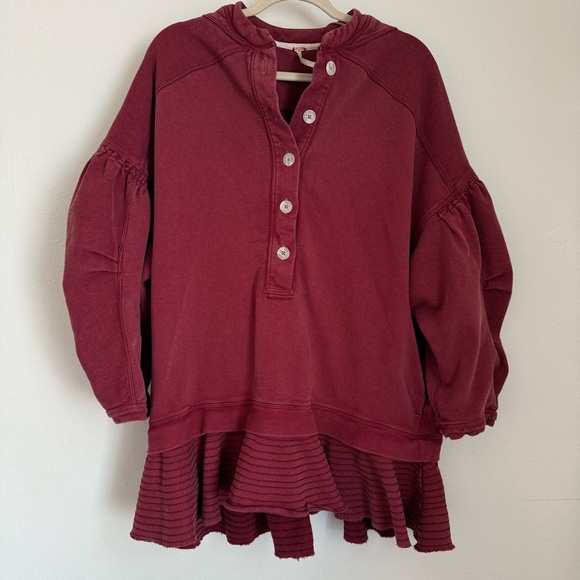 Free People Burgundy Long Sleeve Henley Sweatshirt Dress - Picture 3 of 6